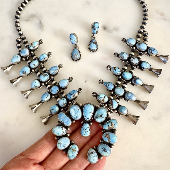 Native American Navajo Indian Turquoise Jewelry Jewelry - Navajo Squash Blossom Necklace Golden Hills Turquoise Signed Skeets Sterling